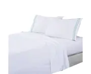 Sheets Soft Microfibre Embroidered Stripe Sheet Set Single White Pillowcase Blue