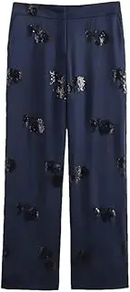 [Generic] Women's Collar Tied Long Sleeved Suit Two-Piece Set with Satin Sequin Temperament Straight Leg Pants Set