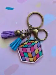 Rubik's Cube & Tassels Keyring Bag Charm Lanyard Clip, Bronze Tone, Handmade