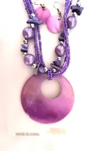 New Women's Earrings & Pendant Necklace Gift Set Multi Shades Purple MOP Shell