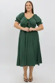 Green Midi Dress Short Sleeve Tie Front