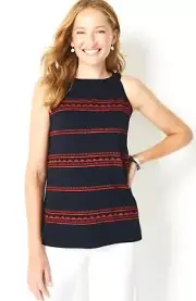 J.Jill Embroidered Halter Top Navy Blue Red Women's L Petite Cotton Modal Rayon
