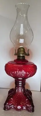Amberine Red Princess Feather Glass Kerosene Oil Table Lamp Large SCOVILL MFG CO
