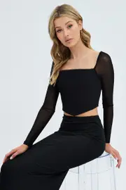 Black Crop Top Long Sleeve Front Zip - Size 12, Women's Top