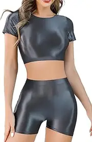 [FEOYA] Women's Two Piece Oil Shiny Glossy Shorts Sets Outfits Sexy Short Sleeve Crop Top with Booty Hot Pants for Club Party