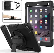 iPad 5th/6th Generation Cases with Pencil Holder, iPad Air 2/ Pro 9.7 Case with Screen Protector,Rugged Protection Shockproof Case for Kids with Stand, Hand & Shoulder Strap,iPad 9.7 2018/2017-Black