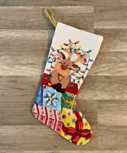 FINISHED Home Creations GIFT WRAPPED REINDEER Lined Needlepoint Stocking 6206