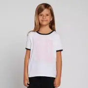 nwt VOLCOM Hey Slims Girls Ringer Tee M pink wave logo white t-shirt sz 8/10