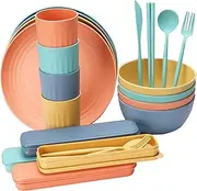 GUYOS 32PCs Food-Grade Wheat Straw Dinnerware Set Microwave Dishwasher Freezer Safe Plates Bowls Cups Spoons Forks Chopsticks Cutters Cutlery Boxes Practical Tableware Eco-Friendly Reusable Kitchen