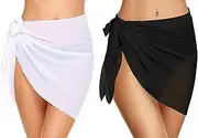 [CELECH] 2 Pcs Women Beach Sarongs Sheer CoverUps,Beach Wrap Sheer Bikini Wraps Short Skirt Chiffon Bikini Wrap Skirt for Swimwear(White & Black)