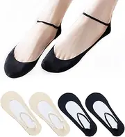 [AsggBah] 4 Pairs No Show Thin Socks with Sling Non-Slip Invisible Sock Ice Silk Ultra Low Cut Liner Socks for Girls Women (2 Pairs Black+2 pairs Beige), Beige, One Size