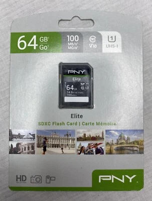 NEW PNY Elite SD SDHC SDXC 64GB Flash Memory UHS-I 4K DSLR Cameras HD Camcorders