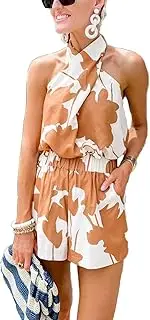 [Mandonce] Vacation Outfits For Women Sleeveless Off Shoulder Strappy Backless Top and High Waisted Elastic Shorts Print Trendy