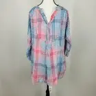 Embellish Tunic Top Womens XL Red Blue Plaid V-Neck Roll Tab Sleeve Casual NEW