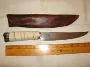 HAND FORGED FIGHTING BOWIE HUNTING BELT SIDE SCALPER KNIFE DEER LEG BONE HANDLE