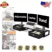 Space-Saving Dual Monitor Riser with Adjustable Laptop Stand and Storage Drawers