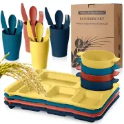 24 Pcs Divided Plate for Adult Wheat Straw Lunch cutlery Set Toddler Dinnerwa...