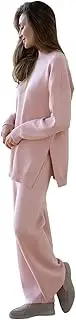 [Generic] Women Winter Thick Knitted Suits Soft 2 Pieces Sets Half Turtleneck Sweater Wide Leg Pants Knitted Outfit