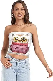 [RPLIFE] Vintage Owl with Scarf White Cropped Tube Top Strapless Tops Women, Trendy Crop Tops, Summer Tube Tops for Women (S)