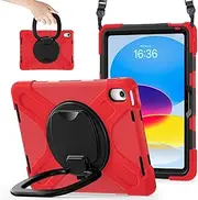 Tablet PC Case Case Compatible with iPad 11th Gen A16 11 Inch 2025,Heavy Duty TPU Shockproof Kids Case,360 Degree Rotating Multi-Function Grip Bracket+Shoulder Strap Rugged Cover Protective Case(Red)