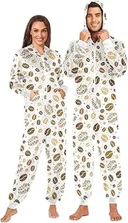 [ZZXXB] Coffee Time Onesie Pajamas for Adult Women Men Long Sleeves One Piece Onesies Hooded Sleepwear S - XL