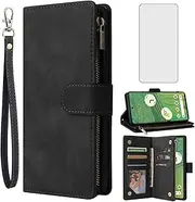 Asuwish Compatible with Google Pixel 7 5G Wallet Case Tempered Glass Screen Protector and Leather Flip Cover Card Holder Stand Cell Accessories Phone Cases for Pixel7 Pixle Seven 6.3 Women Men Black