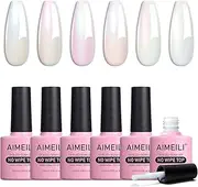 AIMEILI Hema Free Gel Nail Polish Pearl Top Coat 6 Color Set, Cruelty Free, Vegan, 2 In 1 Pearlescent Glitter Glossy Shiny No Wipe Gel Top Coat