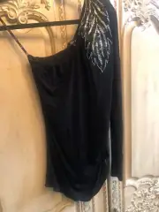 NWT $235 SKY BRAND L BLACK ONE SHOULDER RHINESTONE EMBELLISHED LEAF DRESS TOP