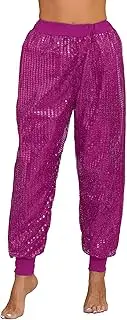 [RUNQHUI] Women's Sparkle Sequins Dance Pants Loose Fit Jogger Trousers Hip Hop Jazz Dance Costume