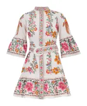 floral-embroidered belted mini dress M White