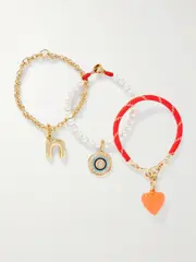 [Roxanne Assoulin] Roxanne Assoulin - The Happy Heart Trio Set Of Three Gold-tone, Cord, Faux Pearl, Crystal And Enamel Bracelets - Red - A A Red