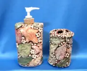 ONE OF A KIND POTTERY Linda Anderson LEAF RELIEF Soap Dispenser+ToothbrushHolder
