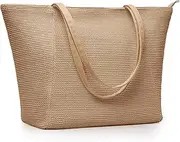 [KALIDI FANCY FOREST] KALIDI Large Straw Bag, Beach Bag with zip, Marine Recycled Plastic, Straw Like Design, Tote Bag for Summer Holidays and Everyday Use
