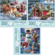 [BITS AND PIECES] Value Set of Three (3) 300 Piece Jigsaw Puzzles for Adults - Each Puzzle Measures 16" x 20" - Winter Holiday Forest Animals Jigsaws by Artist Larry Jones