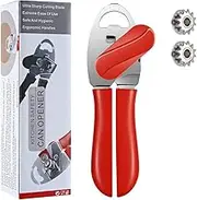 Otstar 4 in 1 Can Opener, Manual Can Opener Safe Cut Smooth Edge Bottle Opener with Ergonomic Grip Large Turn Knob Great for Seniors with Arthritis (Red)