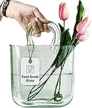 OLEEK purse vase for flowers (handmade) Glass Purse for Drinks -10Inche- Clear, cool & cute vase for centerpieces & Fish bowl - handbag unique flower vase decorative - wide mouth bubble vase for décor