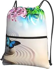 EdWal Zen Design Butterfly Print Drawstring Backpack Gym Bags Sports Bags With Zipper Pocket For Travel Beach, Black, One Size