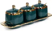Fvstar Sugar Bowl with Lid and Spoon,Ceramic Condiment Jars Spice Container with Tray,Sugar and Salt Bowls,Gold Condiment Containers Pots Seasoning Box Set of 3 for Kitchen Coffee Bar,Dark Green