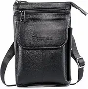 Hengwin Multifunctional Genuine Leather Zip Bags Men Vintage Look Shoulder Bag Mobile Phone Belt Bag Phone Holster for Travel, Outdoor Activities, Black