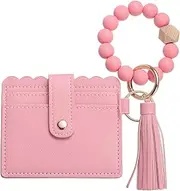 [SUIKIHUM] Card Holder Wallet with Silicone Beaded Bracelet, Slim PU Leather Wallet for Women, Compact and Lightweight Design for Daily Use, Light Pink, Light Pink, Daily
