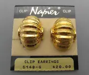 Vintage Napier Ribbed Gold Tone Clip On Earrings New Old Stock
