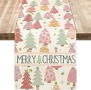 AnyDesign Boho Merry Christmas Table Runner Pink Green Xmas Tree Table Cloth Decoration Waterproof Table Cover for Indoor Outdoor Party Supplies, 13 x 72 Inch