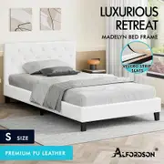 ALFORDSON Bed Frame Single Size Wooden Base Platform Leather White MADELYN