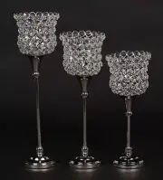 Candle Holder Votive Clear Crystal Bead on Silver Stand 11"-13"-14.5"High Set/3