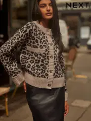 Neutral Brown Leopard Animal Soft Touch Button Up Pocket Knitted Cardigan (N21300) | $68