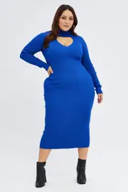 Blue Knit Dress Long Sleeve High Neck Cut Out
