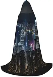SKKNT Aerial Night Of View Hong Kong Print Halloween Hooded Cloak Full Length Cape With Hood For Men And Women For Carnival