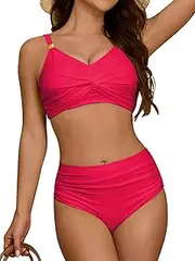 [swimall] Womens High Waisted Bikini Sets Modest Tummy Control Swimsuits Metal Twist Full Coverage Bathing Suit, Red, X-Large