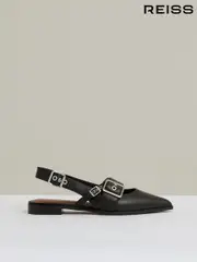 Reiss Black Lois Leather Buckle-Strap Flat Mules (AN6333) | $360