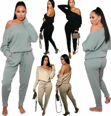 Ladies Womens Knitted Loungewear Suit Joggers Tracksuits Top Leggings 2 Pcs Set